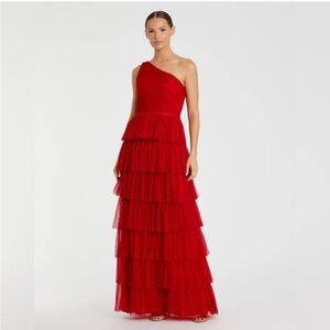 MAC DUGGAL 49102 Red One Shoulder Layered Tiered Tulle Gown SIZE 4 $278